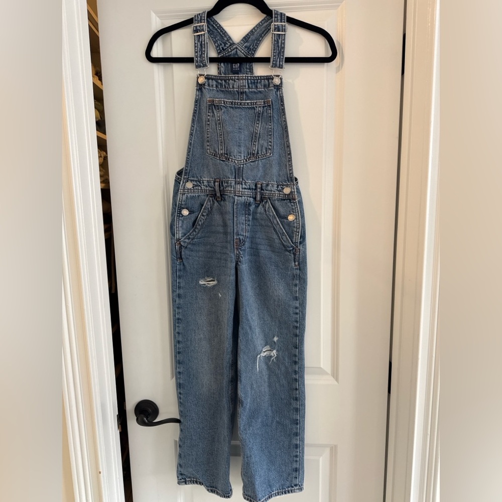 GAP Kids Size L (10–12) Distressed Denim Overalls Medium Wash Adjustable Straps
